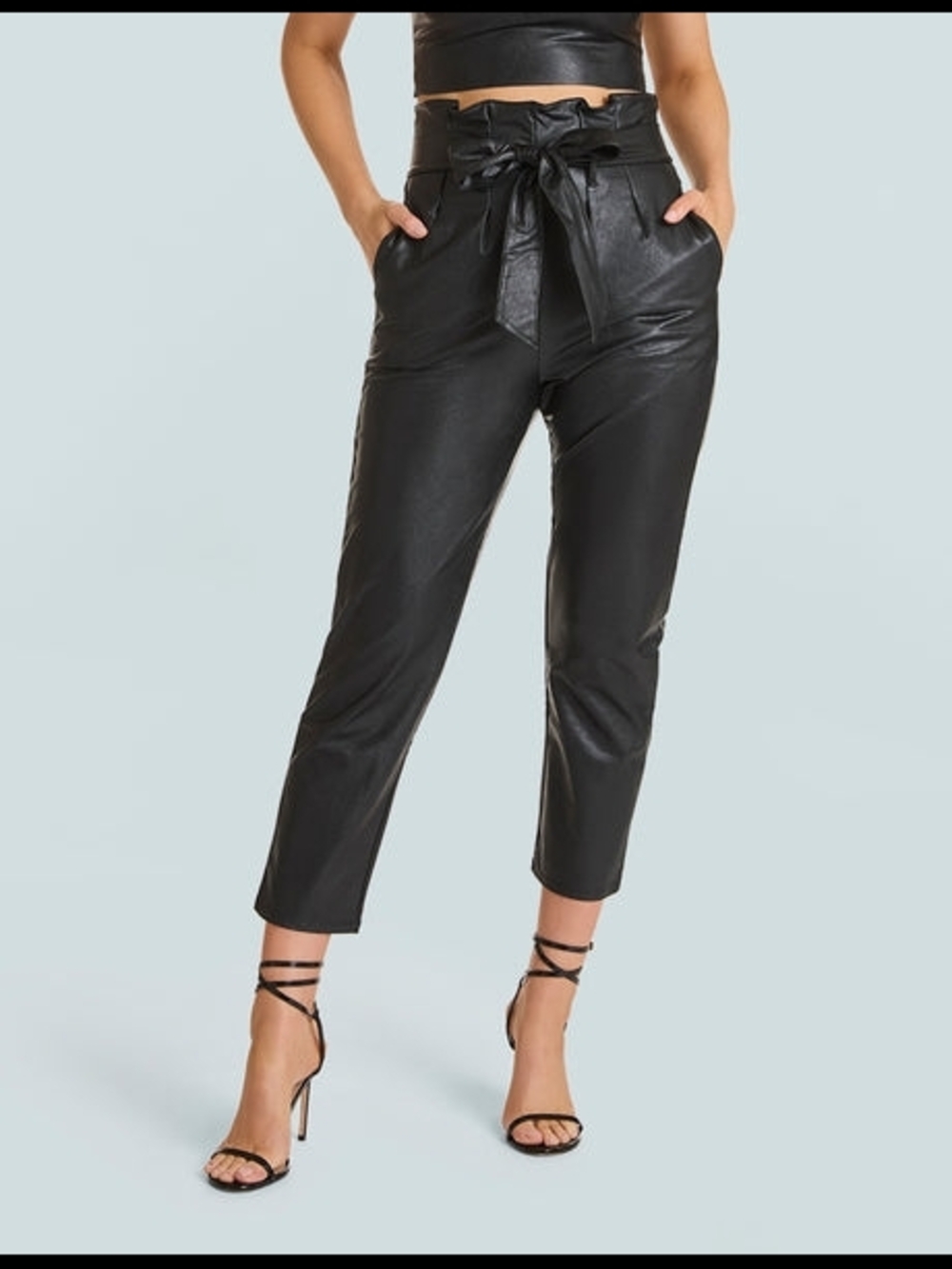 Commando Black Faux Leather Paperbag Ankle Pants with Tie Waist